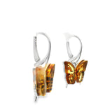 Honey Cameo Amber Butterfly Dangle Earrings with Carved Leaf Design Bezel Set in 925 Sterling Silver