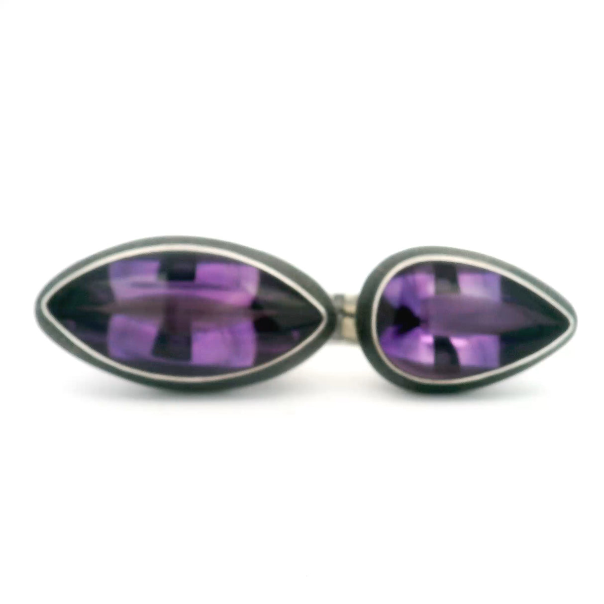 Amethyst Ring with Pear & Sharp Oval Duo Bezel Set Set East-West on Oxidized 925 Sterling Silver Design - Double Trouble