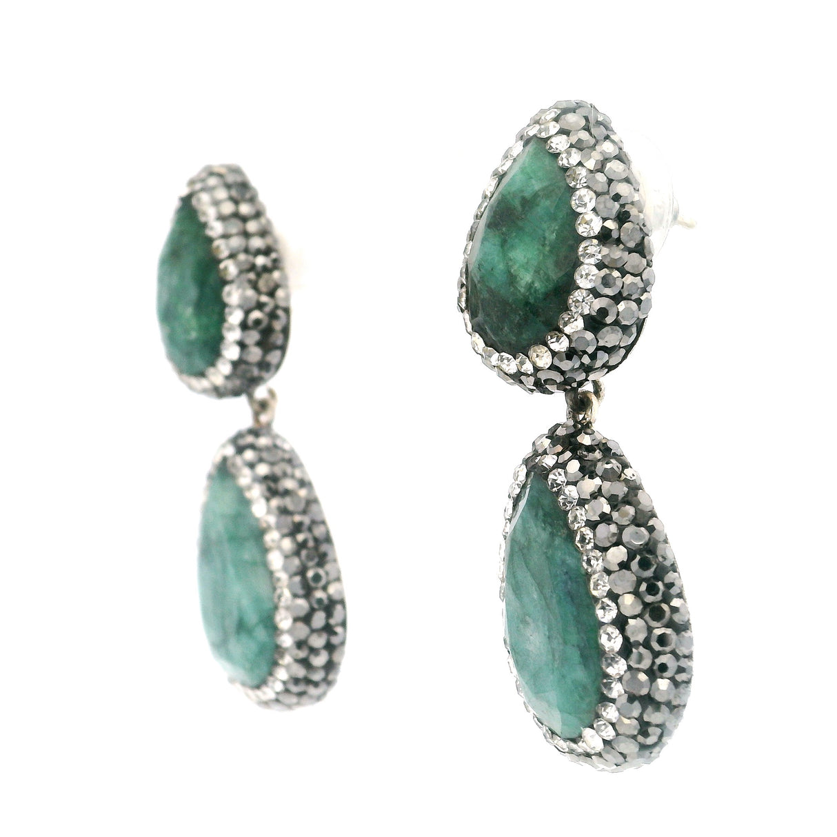 Emerald Dangle Earrings - 2 Pears With Marcasite & Silver Crystals