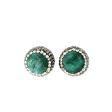 Emerald Stud Earrings - Round With Marcasite & Silver Crystals