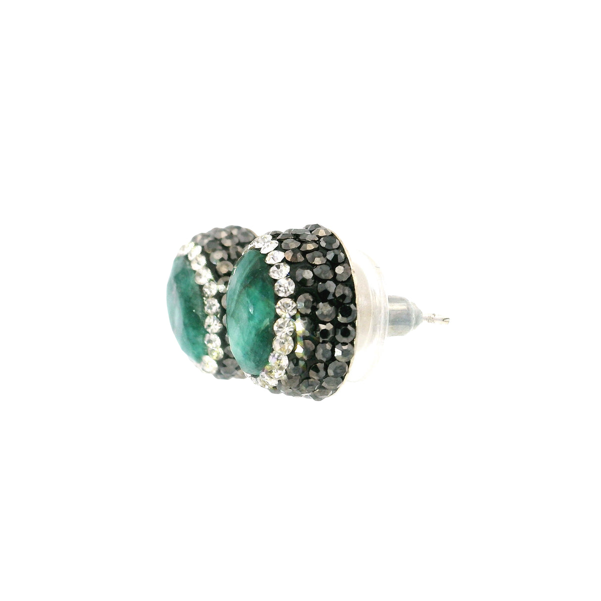 Emerald Stud Earrings - Round With Marcasite & Silver Crystals