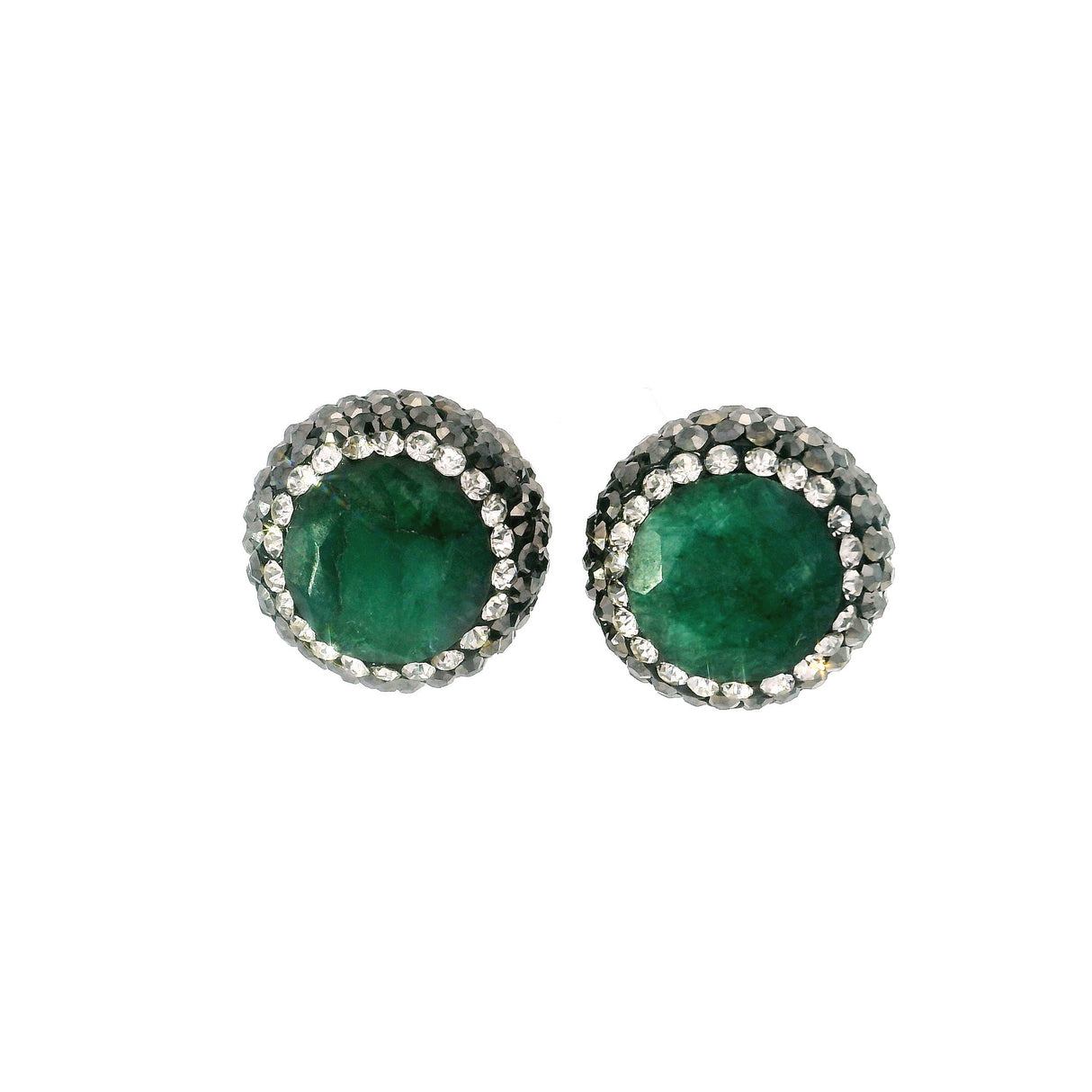 Emerald Stud Earrings - Round With Marcasite & Silver Crystals