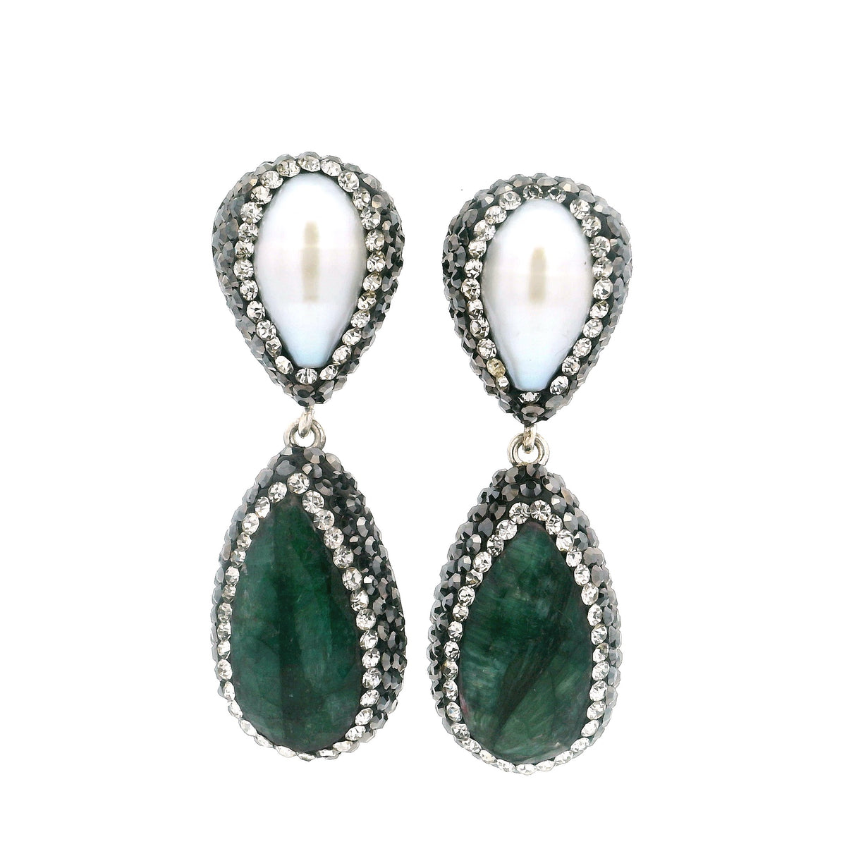 Emerald Dangle Earrings On-post- Faceted Pear With Baroque Pearl Reverse Pear Set In Marcasite & Silver Crystal Pave Bezels
