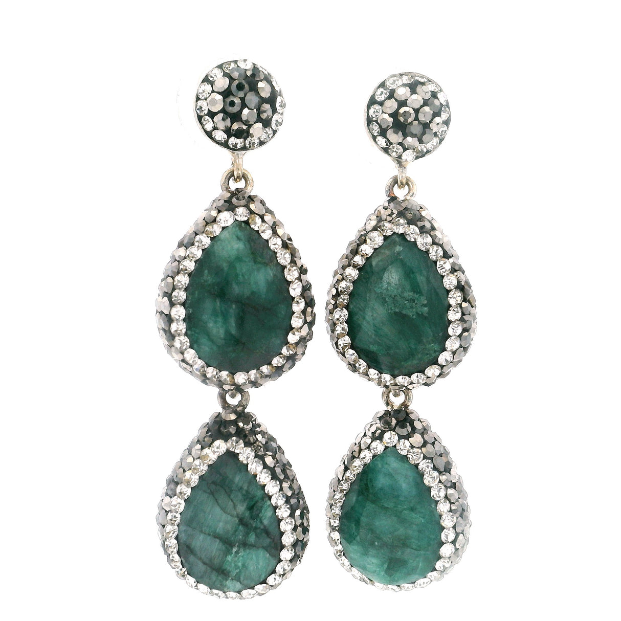 Emerald Dangle Earrings On-post - 2 Faceted Pears With Marcasite & Silver Crystal Pave Bezels & Post