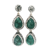 Emerald Dangle Earrings On-post - 2 Faceted Pears With Marcasite & Silver Crystal Pave Bezels & Post