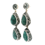 Emerald Dangle Earrings On-post - 2 Faceted Pears With Marcasite & Silver Crystal Pave Bezels & Post
