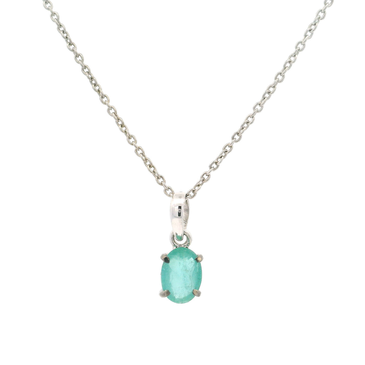 Faceted Emerald Oval Prong Set Necklace with Rhodium Plating on Rolo Chain