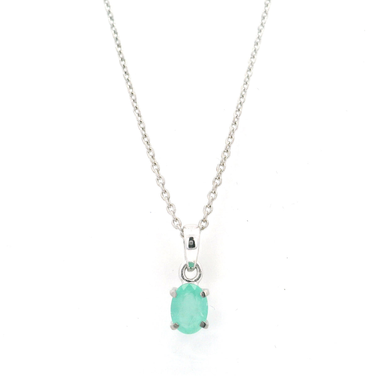 Faceted Emerald Prong Set Necklace with Rhodium Plating Set on Rolo Chain