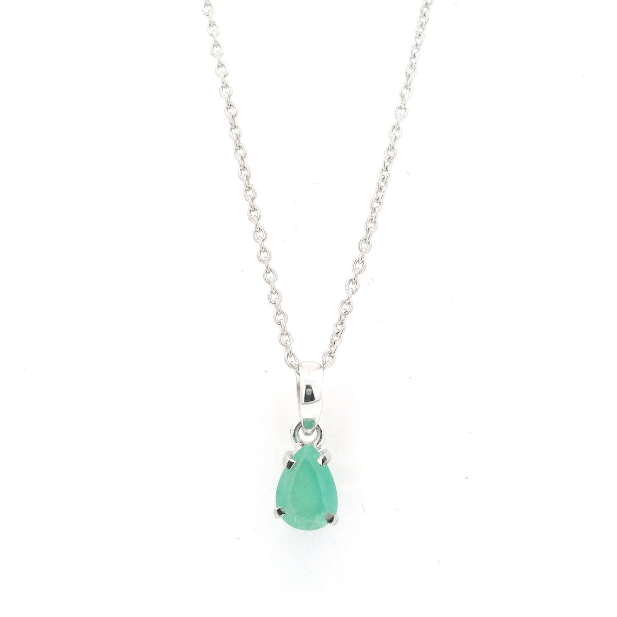 Faceted Emerald Prong Set Necklace with Rhodium Plating Set on Rolo Chain