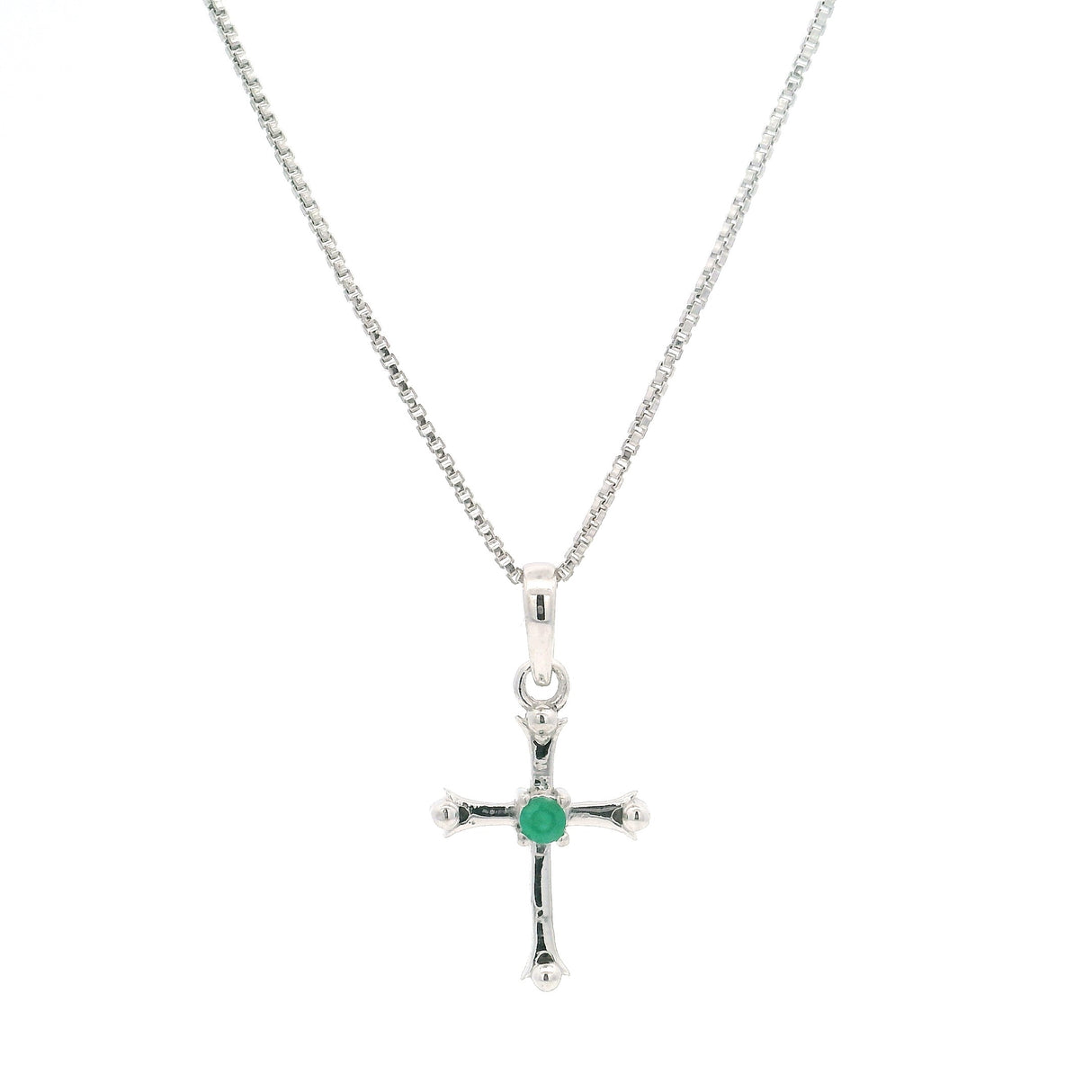 Faceted 2mm Faceted Round Gemstone Cross Pendant with Spheres on Box Chain with Rhodium Plating