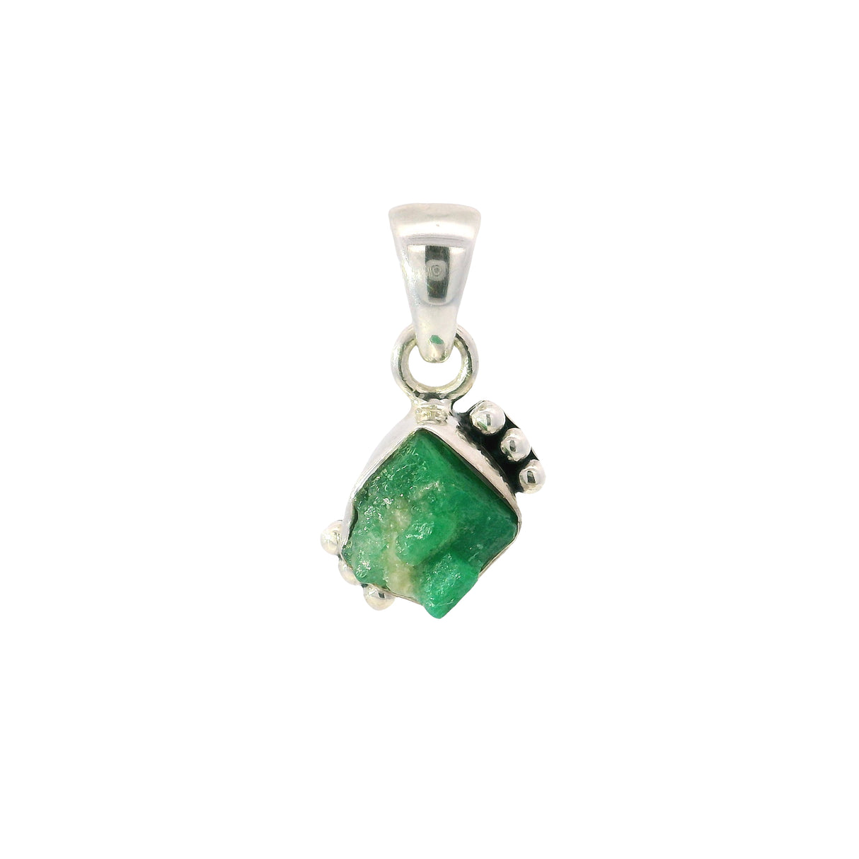Emerald Pendant - Rough Freeform With 925 Sterling Silver Bezel & Beading On Side
