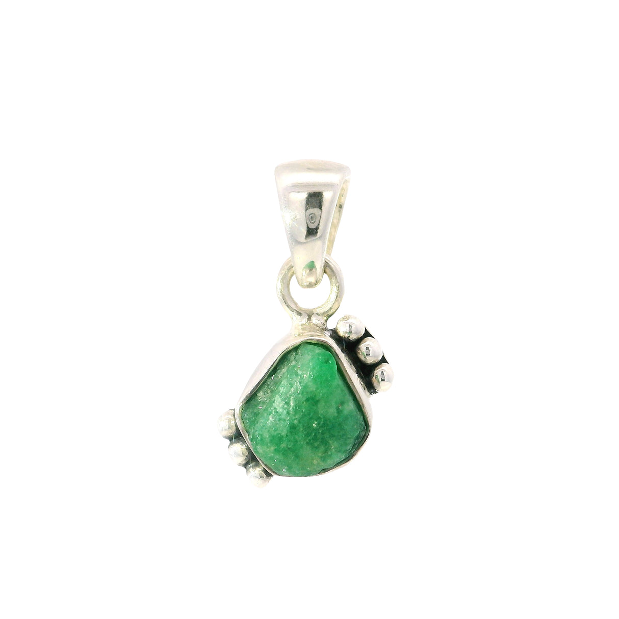Emerald Pendant - Rough Freeform With 925 Sterling Silver Bezel & Beading On Side