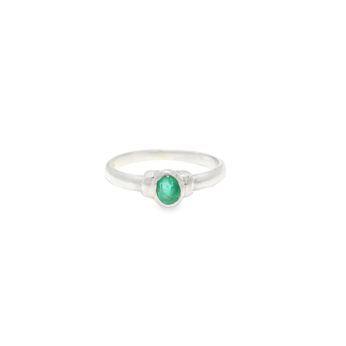 Emerald Ring - Bezel Set Faceted Oval With Step Shoulder Detail On Band Sz 10