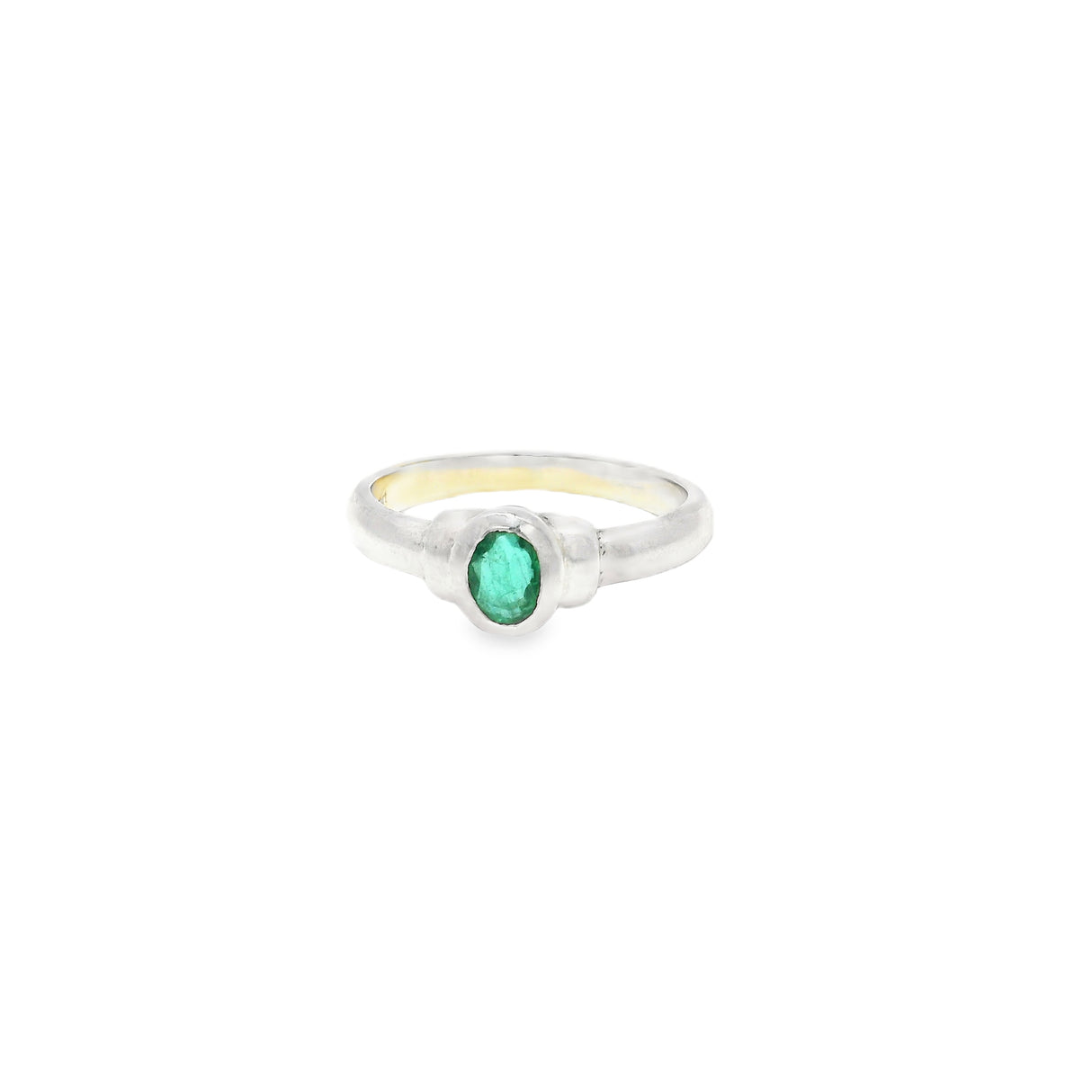 Emerald Ring - Bezel Set Faceted Oval With Step Shoulder Detail On Band Sz 6.5
