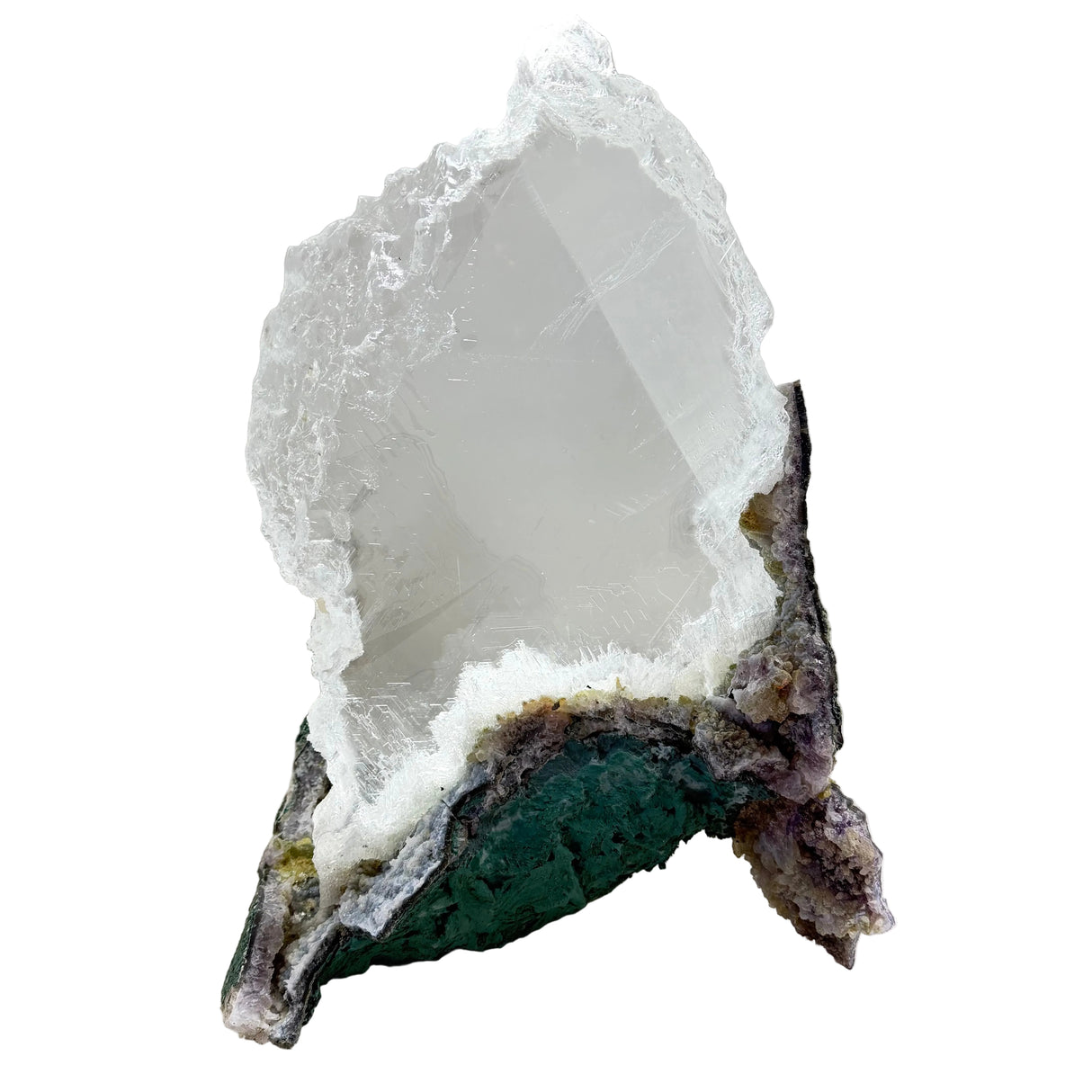 Extra Clear Selenite Crystal on Quartz Druze Matrix - Tripod Form