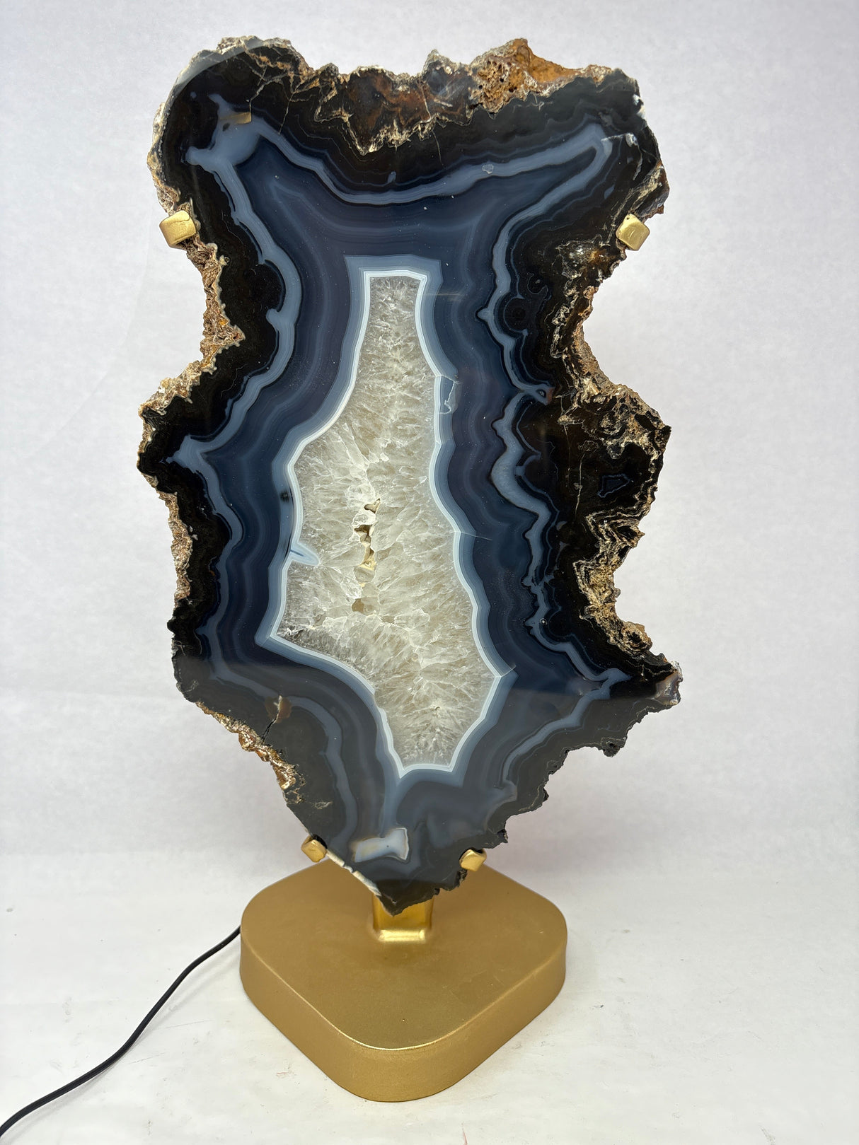Dark Blue Agate Druze Slice with Abstract Shape On Illuminated Table Stand - Gold
