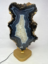 Dark Blue Agate Druze Slice with Abstract Shape On Illuminated Table Stand - Gold