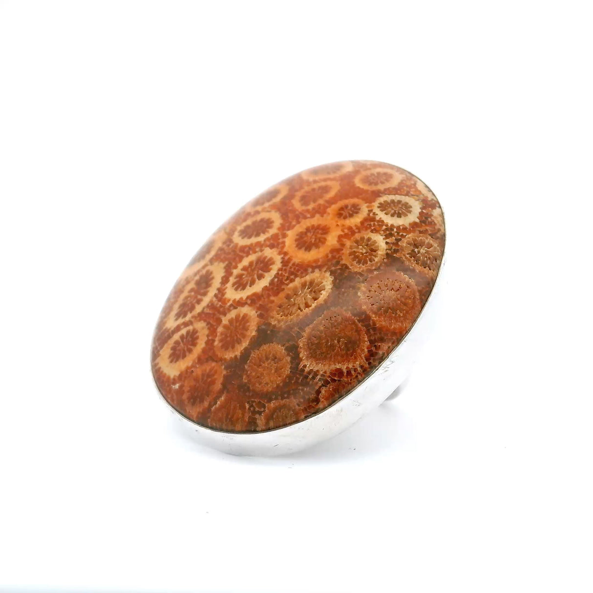 Fossilized Coral Stone Ring - Red Oval - Adjustable Size