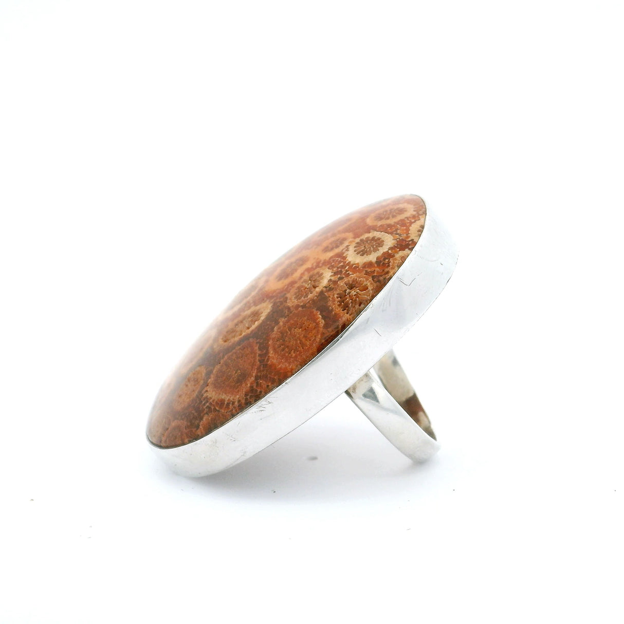 Fossilized Coral Stone Ring - Red Oval - Adjustable Size