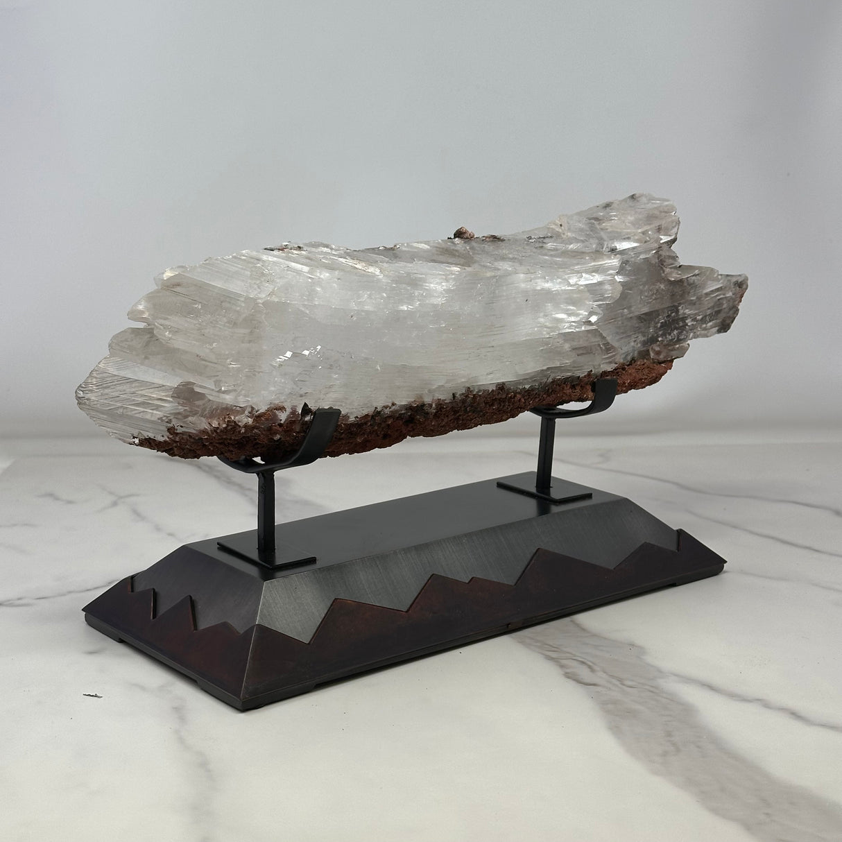 A+ Bermejillo Selenite Crystal Set Horizontal in Custom Mountainous 2-Tone Patina Stand