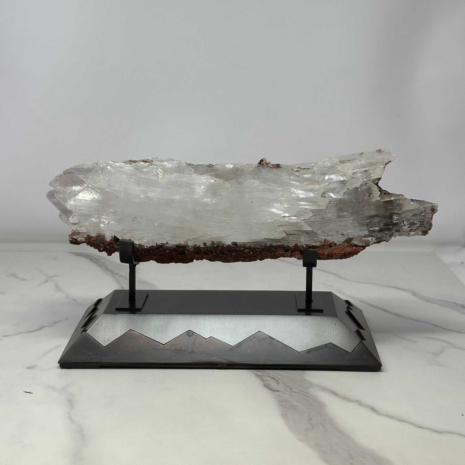 A+ Bermejillo Selenite Crystal Set Horizontal in Custom Mountainous 2-Tone Patina Stand