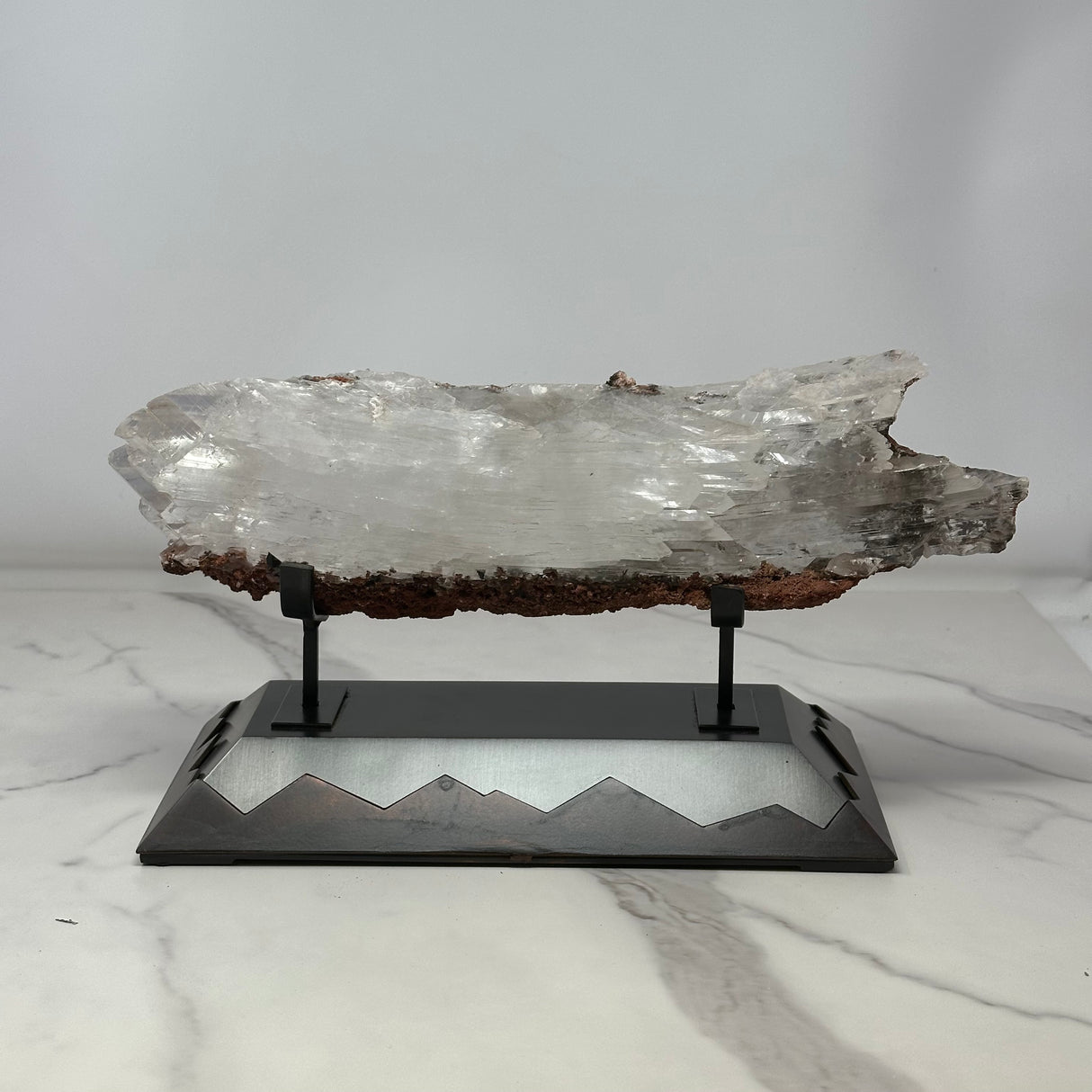 A+ Bermejillo Selenite Crystal Set Horizontal in Custom Mountainous 2-Tone Patina Stand