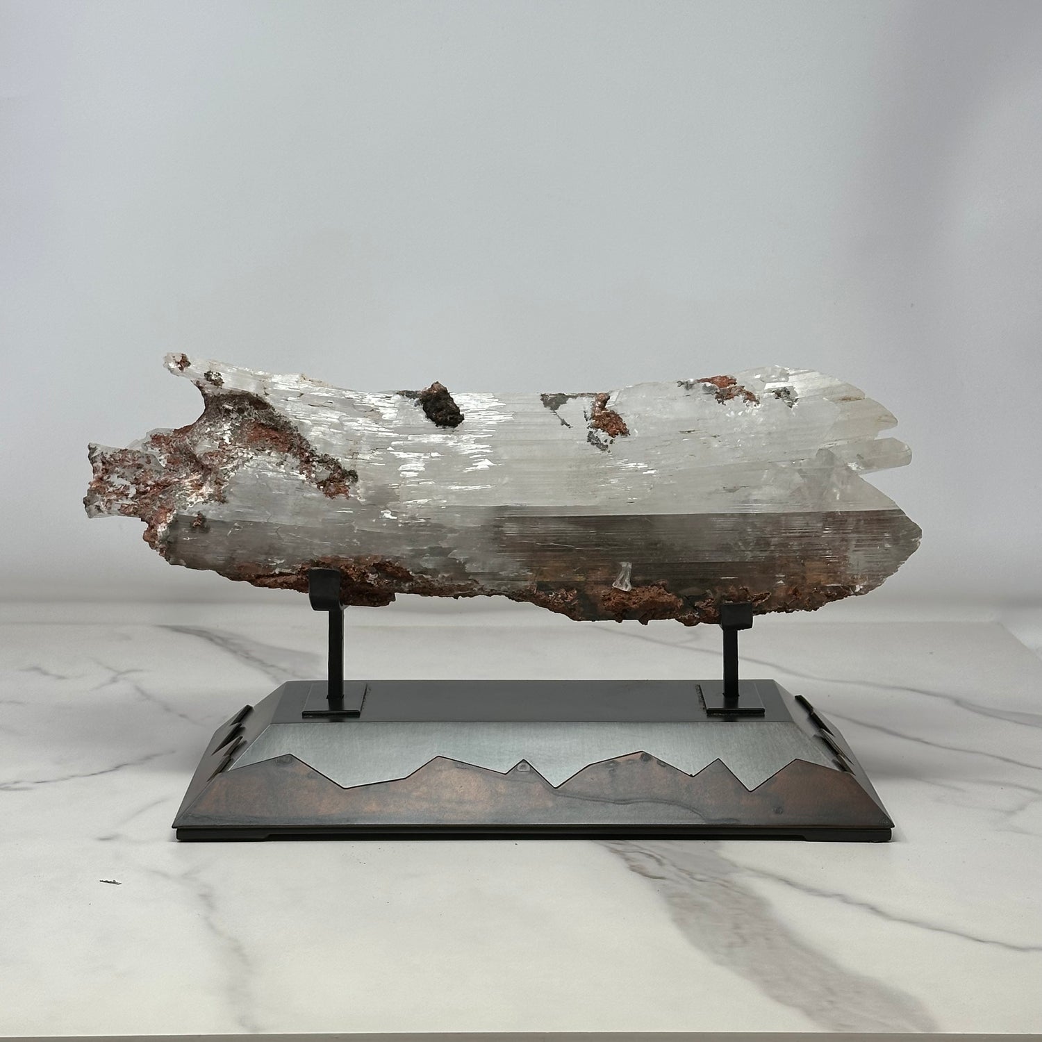 A+ Bermejillo Selenite Crystal Set Horizontal in Custom Mountainous 2-Tone Patina Stand