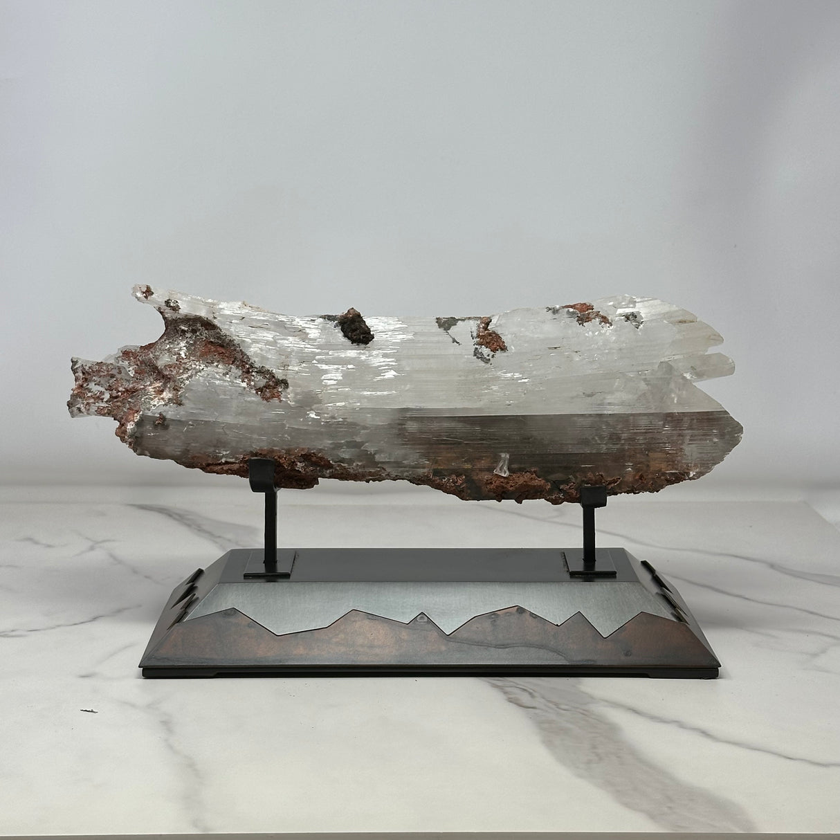 A+ Bermejillo Selenite Crystal Set Horizontal in Custom Mountainous 2-Tone Patina Stand