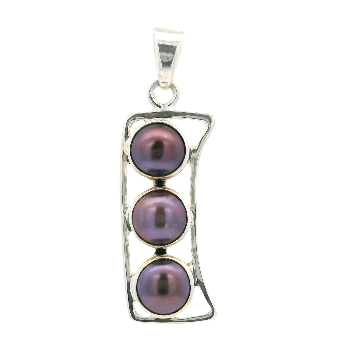 Pendentif Perles de Tahiti - 3 Perles Rondes Serties Verticalement dans des Chatons en Argent Sterling 925 et une Barrette Ouverte