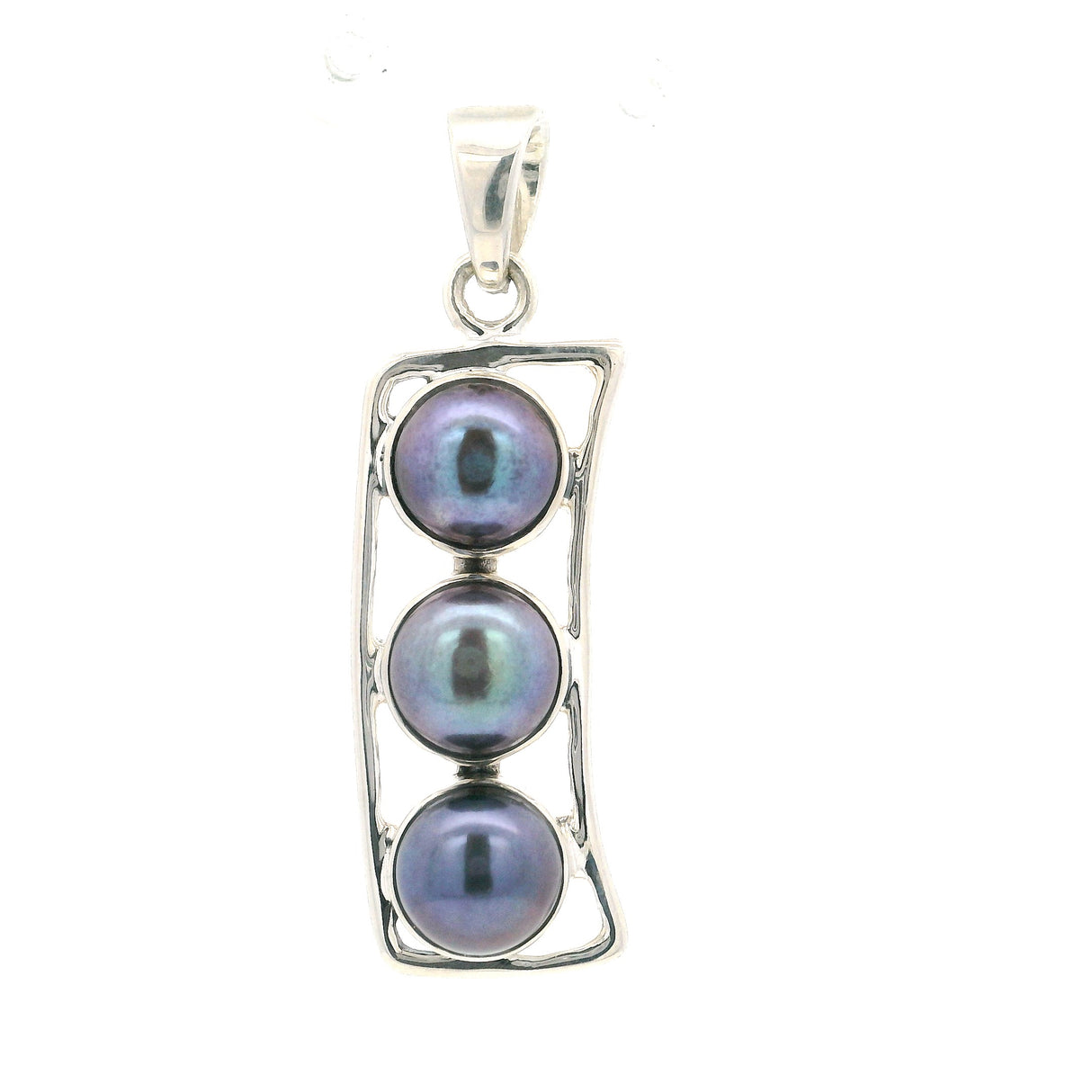 Pendentif Perles de Tahiti - 3 Perles Rondes Serties Verticalement dans des Chatons en Argent Sterling 925 et une Barrette Ouverte