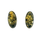 Green Amber Oval Stud Earrings Bezel Set in 925 Sterling Silver