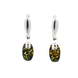 Green Amber Dangle Earrings - Beveled Ovals with Latchbacks in 925 Sterling Silver