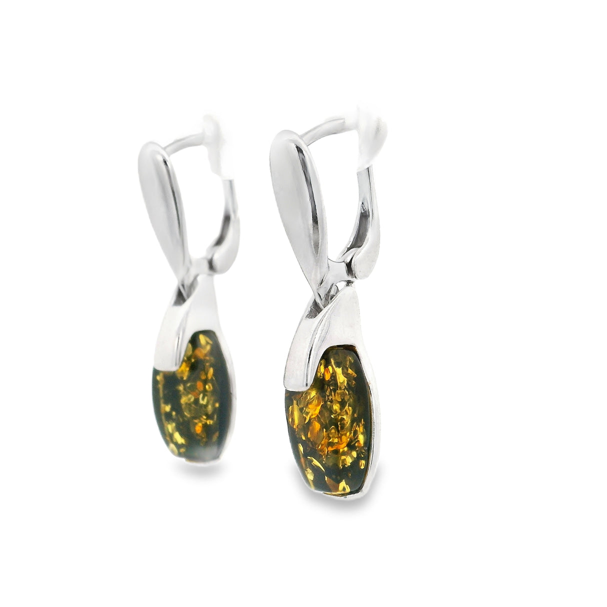 Green Amber Dangle Earrings - Beveled Ovals with Latchbacks in 925 Sterling Silver