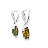 Green Amber Dangle Earrings - Beveled Ovals with Latchbacks in 925 Sterling Silver