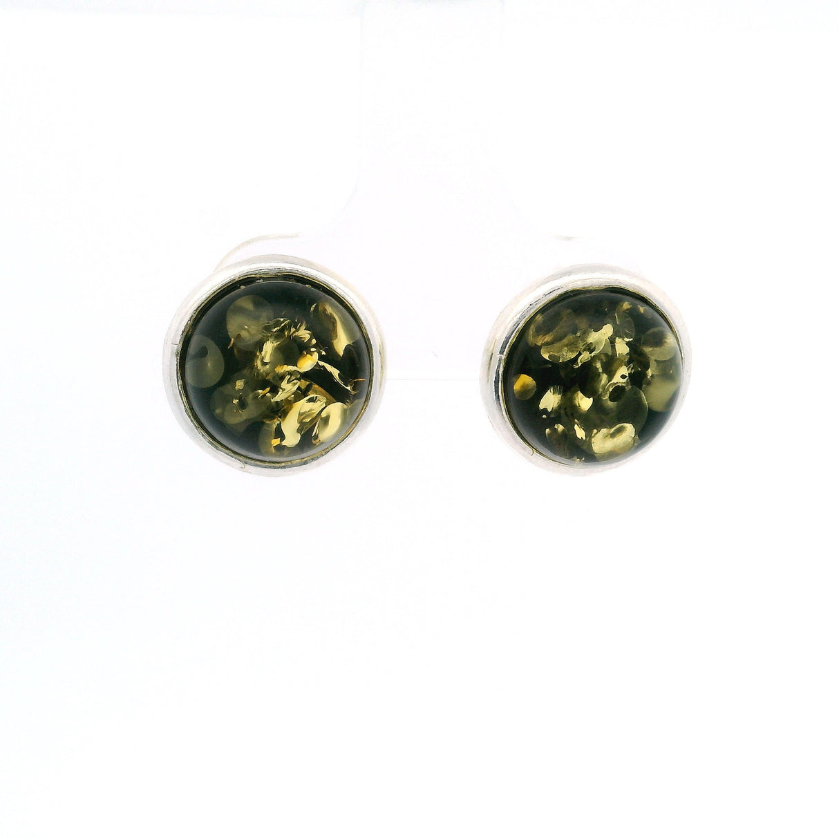Green Amber Round Stud Earrings Bezel Set in 925 Sterling Silver