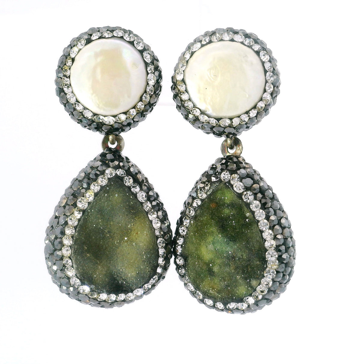 Boucles d'oreilles Druze Vertes -Poire avec perle de monnaie en marcassite et argent