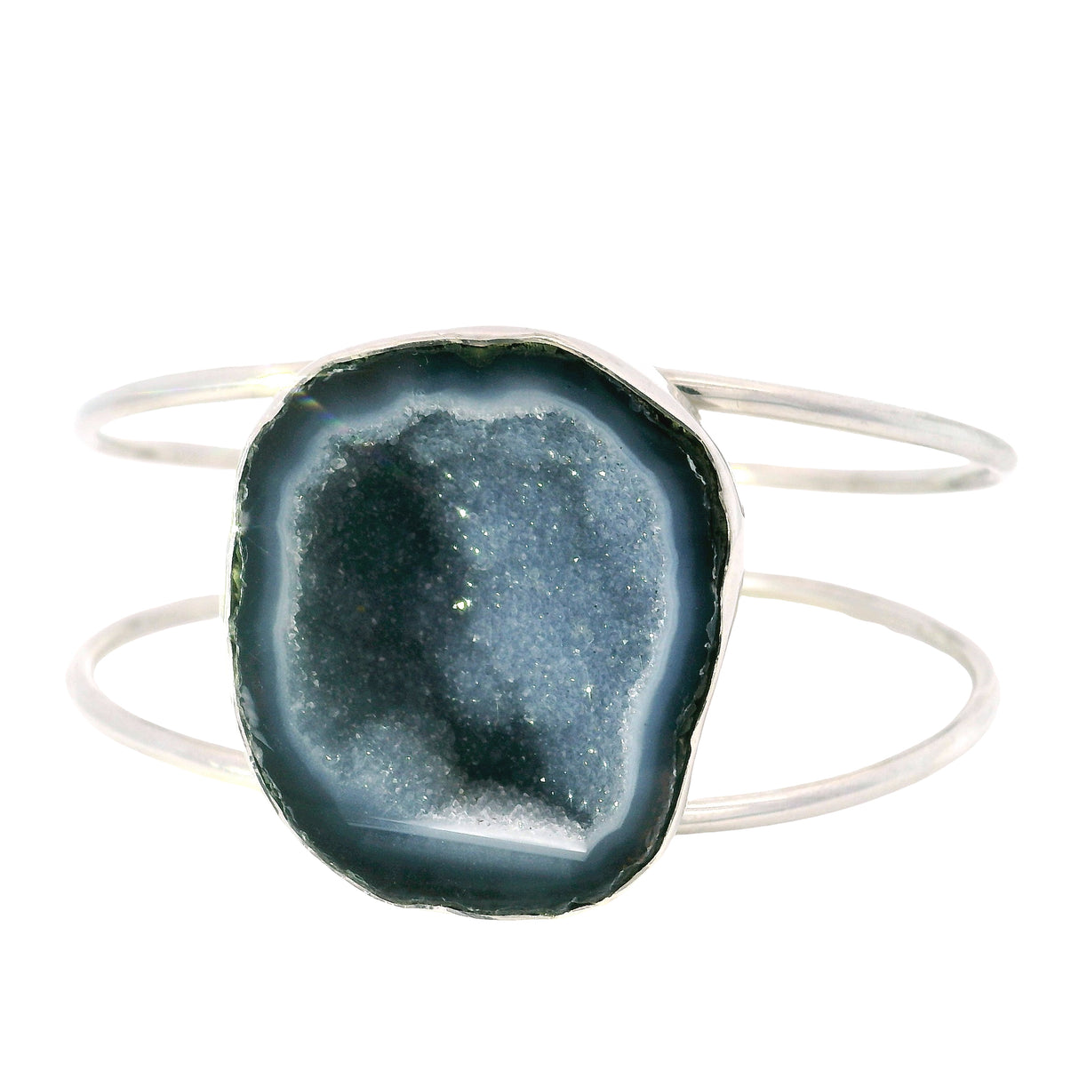 Quartz Druze Geode Classic Double Row Open Back Silver Cuff - Simple Bezel Set
