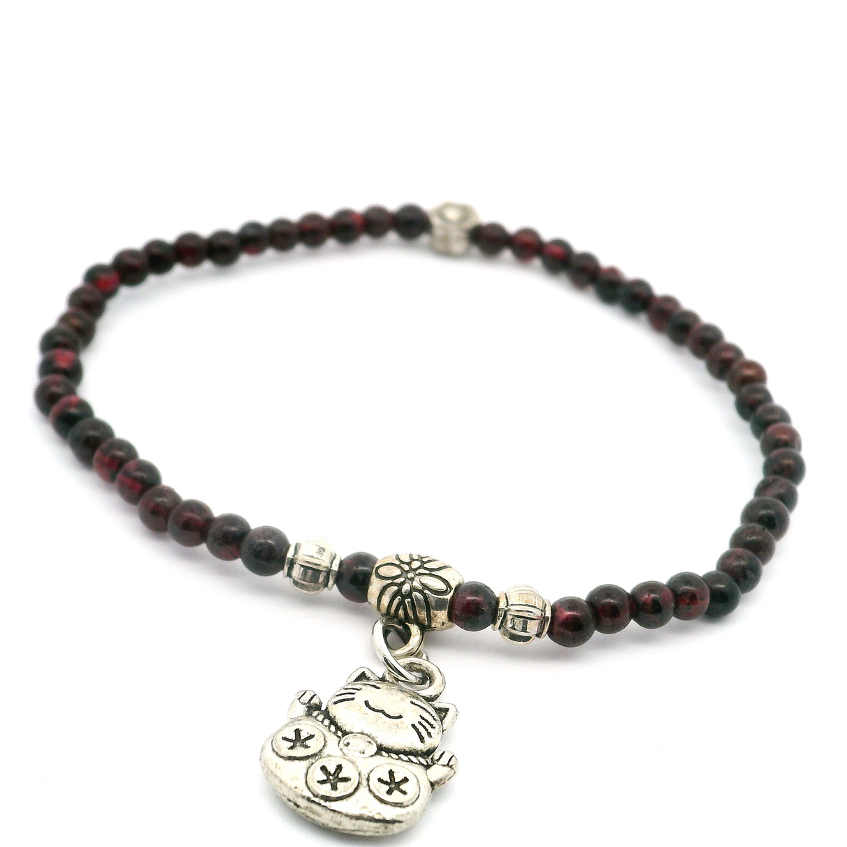 Garnet Beaded Bracelet with Cat Charm 3mm-4.5mm Rounds