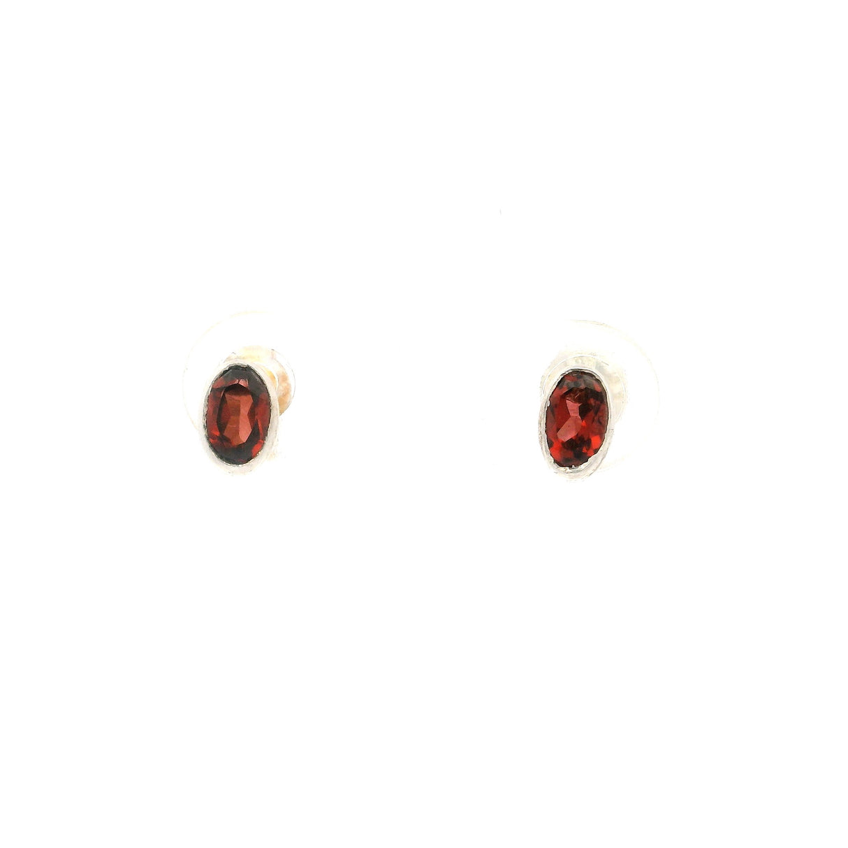 Faceted Garnet Stud Earrings - Oval With Simple Silver Bezel