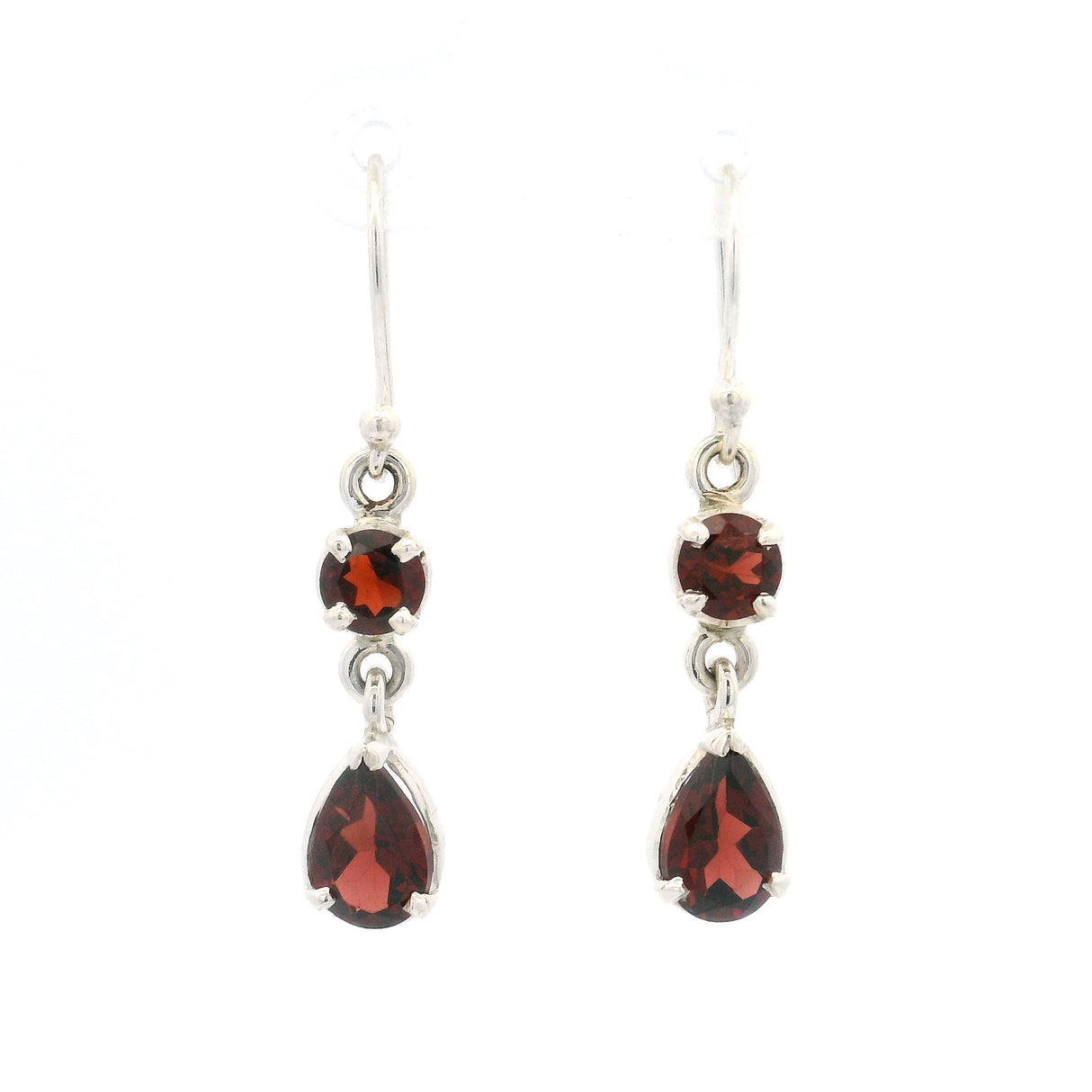 Faceted Garnet Round & Pear Dangle Earrings Prong Set in 925 Sterling Silver