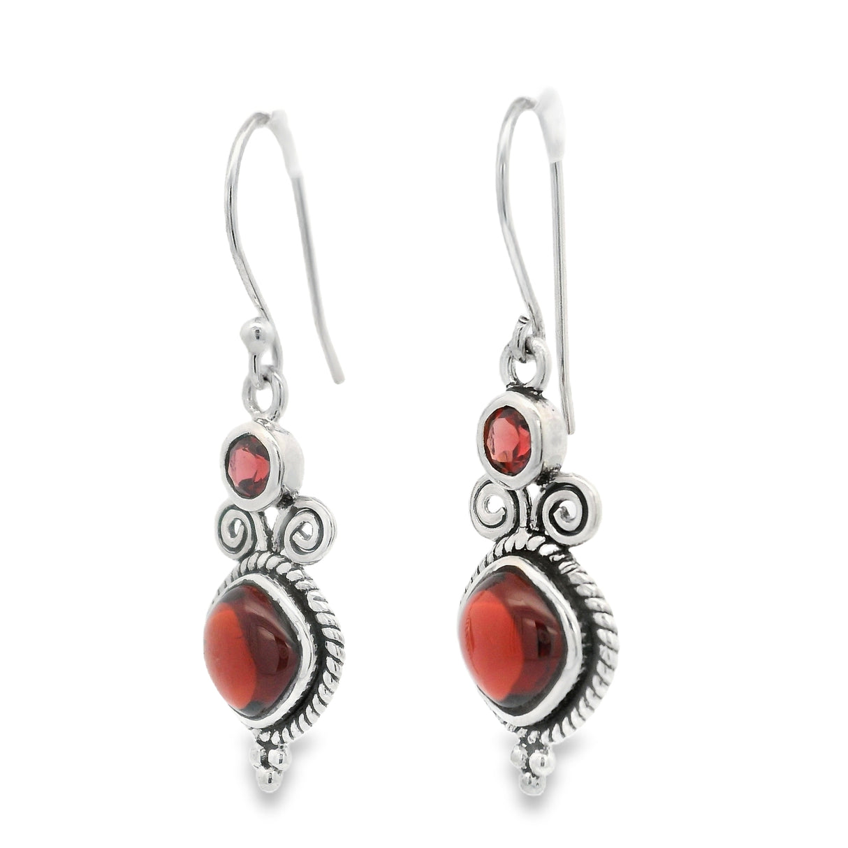 Faceted Garnet Round & Rounded Square Cabochon Dangle Earrings with Rope Detail Bezel Set in 925 Sterling Silver
