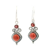 Faceted Garnet Round & Rounded Square Cabochon Dangle Earrings with Rope Detail Bezel Set in 925 Sterling Silver
