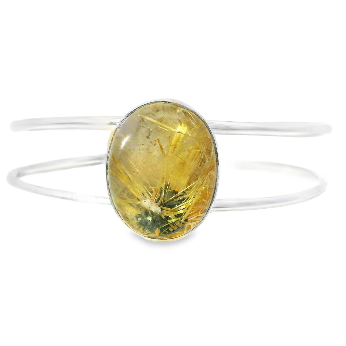 Golden Rutile Quartz Double Row Silver Cuff - Simple Bezel Set Polished Cabochon - Oval