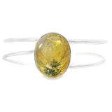 Golden Rutile Quartz Double Row Silver Cuff - Simple Bezel Set Polished Cabochon - Oval
