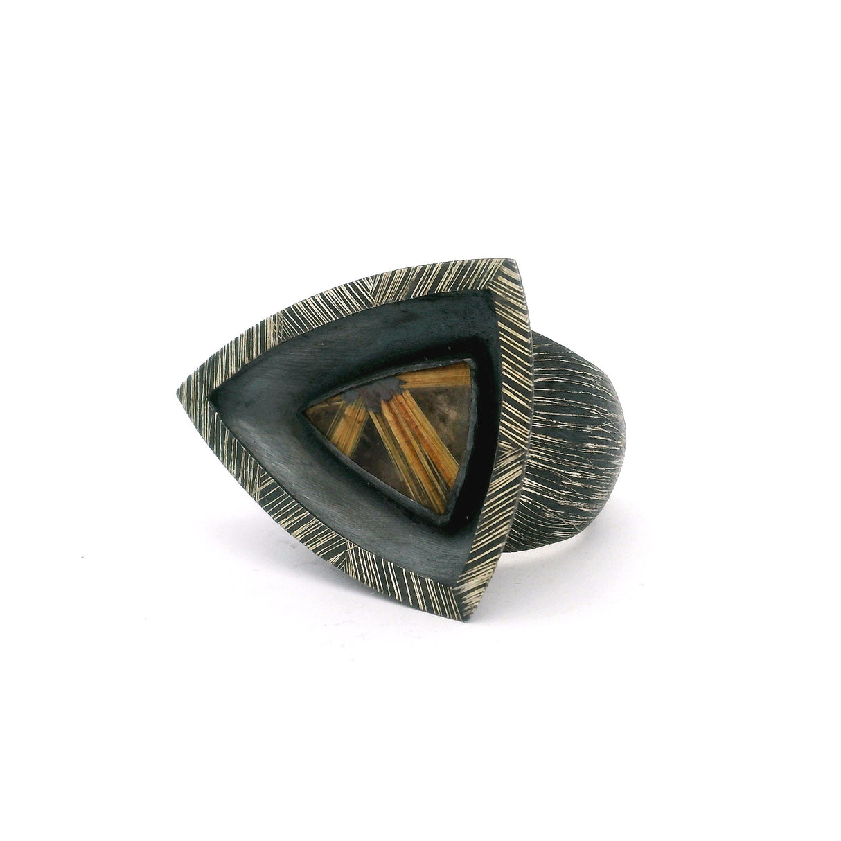A+ Star Golden Rutile Quartz Ring with Hematite Centers Bezel Set in Oxidized 925 Sterling Silver & Pointed Band - The Cave
