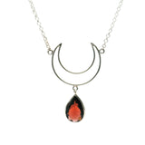Faceted Garnet Drop Necklace Dangling from Moon Bezel Set in 925 Sterling Silver