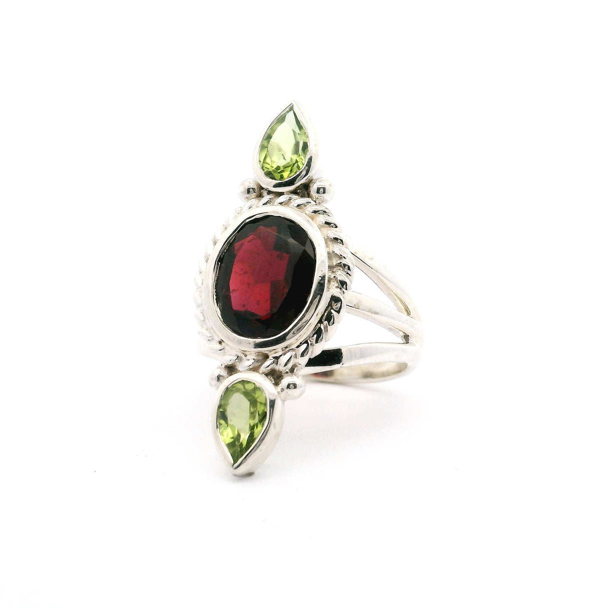 Faceted Garnet Oval Ring with 2 Faceted Peridot Pears Bezel Set on Triple Band in 925 Sterling Silver sz5