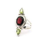 Faceted Garnet Oval Ring with 2 Faceted Peridot Pears Bezel Set on Triple Band in 925 Sterling Silver sz5