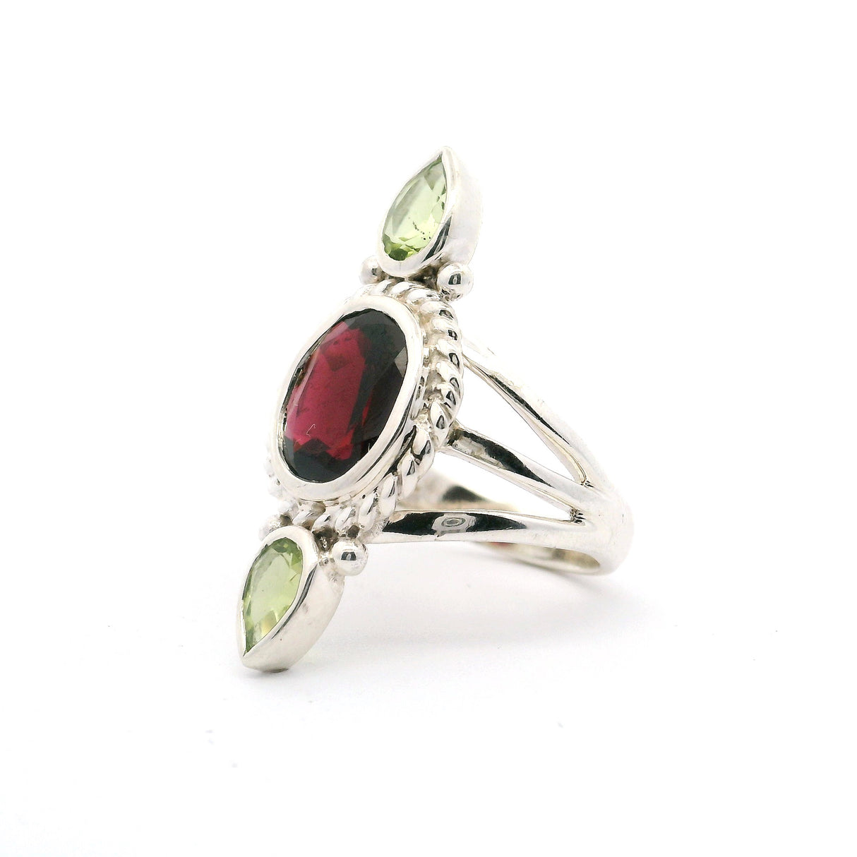 Faceted Garnet Oval Ring with 2 Faceted Peridot Pears Bezel Set on Triple Band in 925 Sterling Silver sz5