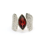 Faceted Garnet Sharp Oval Ring Bezel Set in Wide Textured Band of 925 Sterling Silver sz7